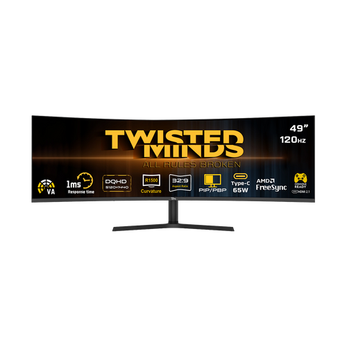 تويستد مايندز, شاشة الألعاب فئة اكليبس برو بحجم 49 بوصة, زمن الاستجابة 1, 120 هرتز, اتش دي ام اي 2.1, منحنيه