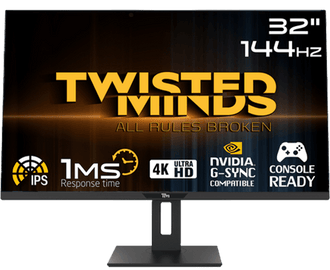 شاشة ألعاب Twisted Minds UHD مقاس 32 بوصة، بتردد 144 هرتز، وزمن استجابة 1 مللي ثانية، ومنفذ HDMI 2.1 (TM32DUI)