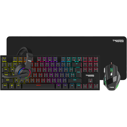 Twisted Minds 4-in-1 Gaming Bundle - Wired Keyboard, DPI Adjustable Mouse, Rainbow Static Headset & Mouse Pad - TM-FUSION-X