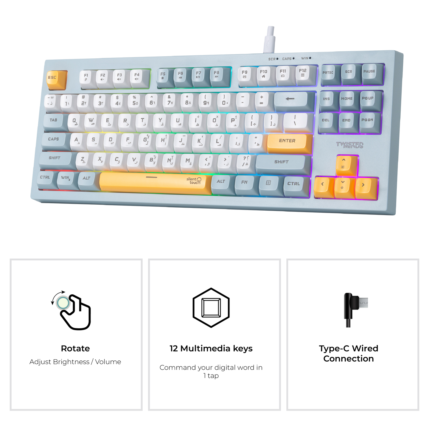 Twisted Minds TM-MK75-W Spectrum Series Wired Keyboard 80% Compact Gasket structure membrane - (English / Arabic) Layout