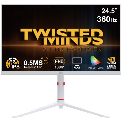 شاشة ألعاب Twisted Minds Frost Series مقاس 24 بوصة بدقة FHD - 360 هرتز، زمن استجابة 0.5 مللي ثانية، تقنية IPS سريعة، منفذ HDMI 2.1 - لون أبيض